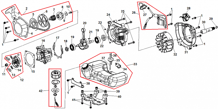 2 СТАРТЕР - МАГНЕТО - МАХОВИК - КОЛЕНВАЛ - СЦЕПЛЕНИЕ МОТОПОМПА CHAMPION GP27-II