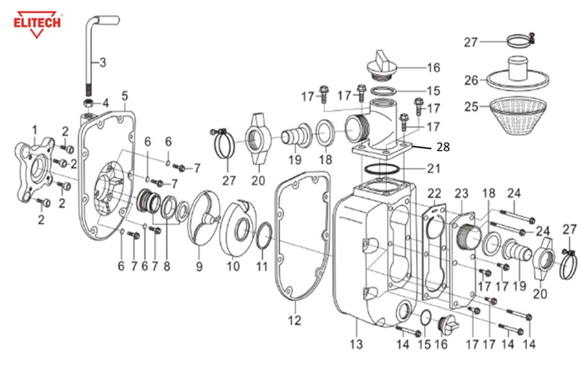 ЗАПЧАСТИ ДЛЯ МОТОПОМПЫ БЕНЗИНОВОЙ ELITECH МБ 200 Д 40 (НАСОС)