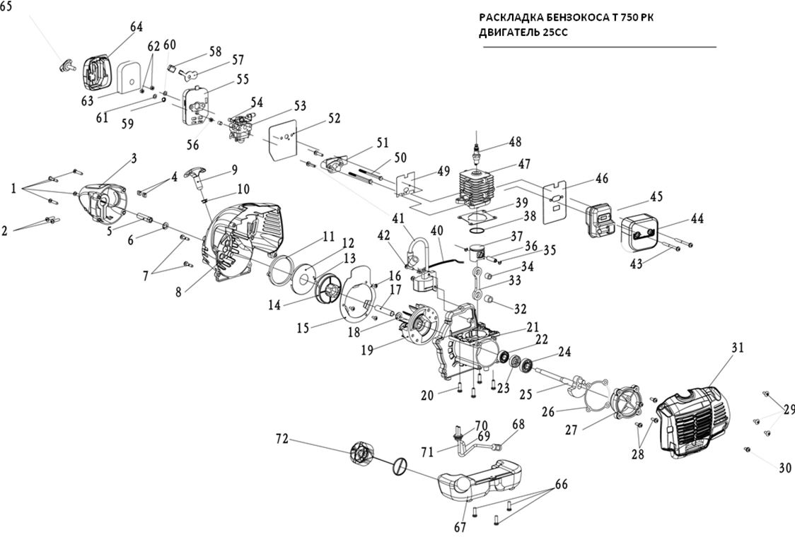 ЗАПЧАСТИ ДЛЯ ТРИММЕРА БЕНЗИНОВОГО ELITECH Т 750РК (ДО 2015 ГОДА) (ДВИГАТЕЛЬ)