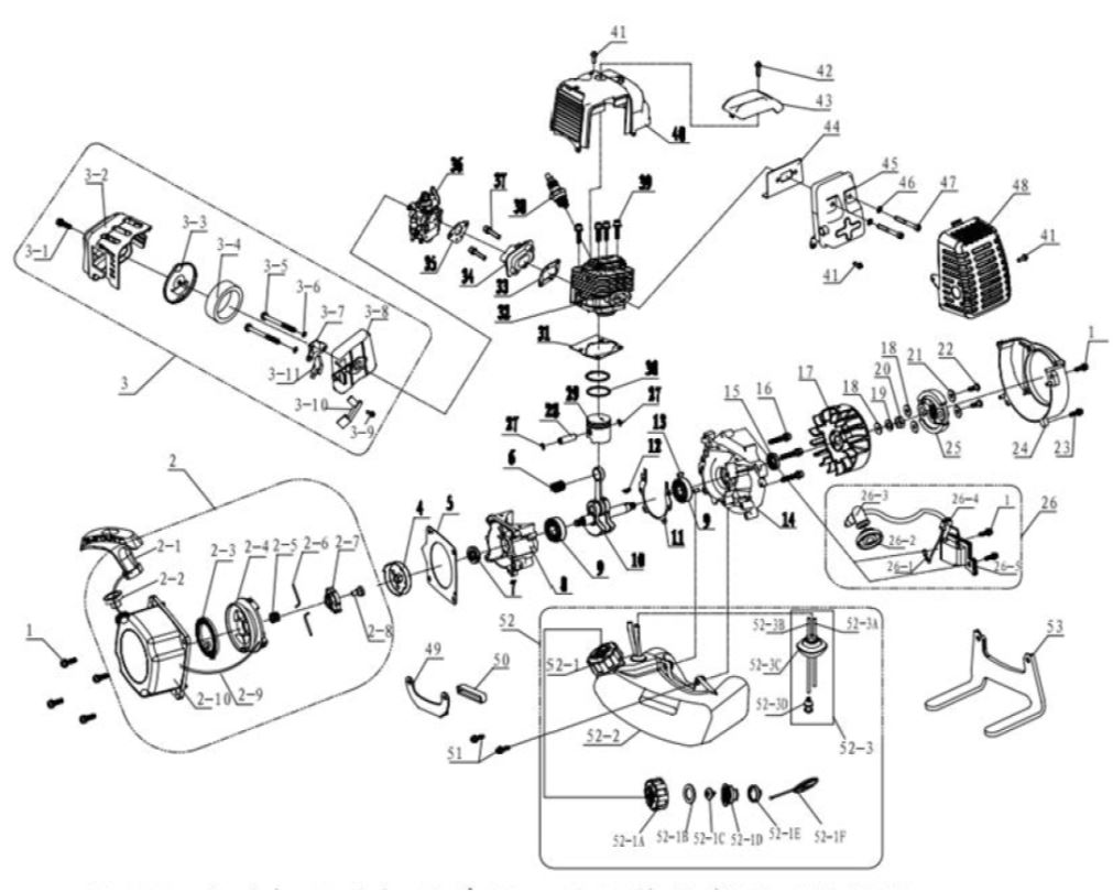 ЗАПЧАСТИ ДЛЯ ТРИММЕРА БЕНЗИНОВОГО ELITECH Т 52 (2016 ГОД) (ДВИГАТЕЛЬ)