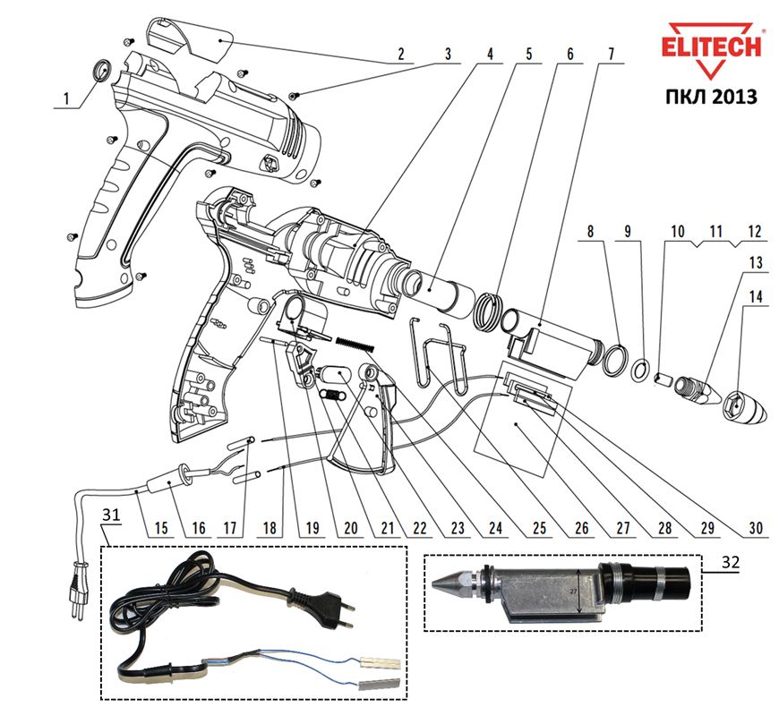 ЗАПЧАСТИ ДЛЯ ПИСТОЛЕТА КЛЕЕВОГО ЭЛЕКТРИЧЕСКОГО ELITECH ПКЛ 2013
