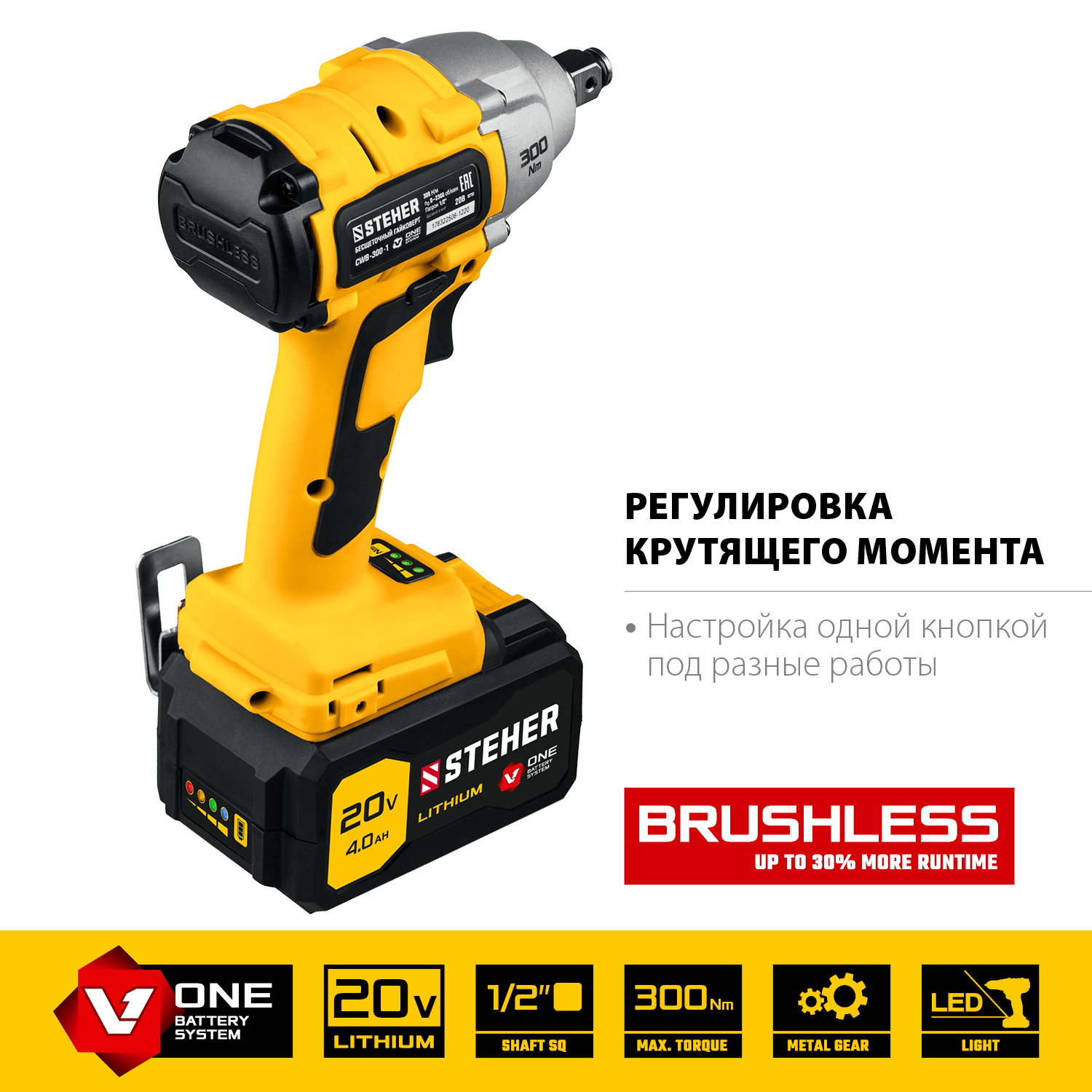 Бесщеточный гайковерт, 1 АКБ (4 Ач), в кейсе CWB-300-1